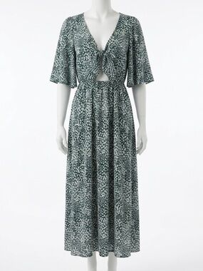 Audrey 3+1 Tie Front Cutout Maxi Summer Dress Green White Animal Print - Large